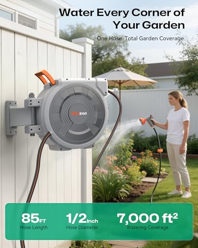 Retractable Garden Hose Reel 85 ft x 1/2 inch, Heavy Duty Automatic Garden Hose Reels, High-Flow, Any Length Lock, 180° Swivel Bracket, Brass Fitting, Wall Mount Water Hose Reel for Outside - color: 85 Ft X 1/2 Inch
