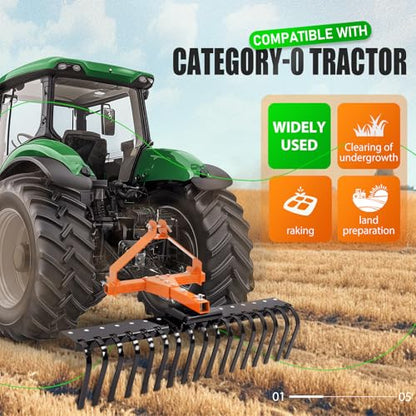 KUAFU 50" 3 Point Landscape Rock Rake for Category-0 Cat-0 Tractor with - style: Orange