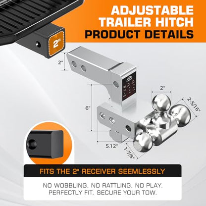 Kingfun Adjustable Trailer Hitch - Drop Hitch 2 Inch Receiver 6" Rise/Drop - color: Silver, size: 2"Receiver- 6"Rise/Drop Hitch