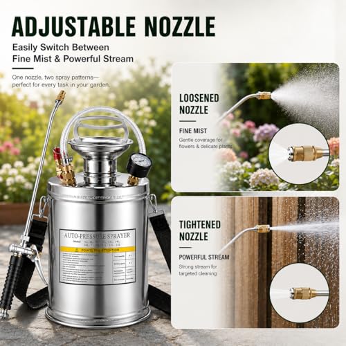 1.5Gal Stainless Steel Pump Up Sprayer Reinforced Hose, Hand Pump Sprayer with Pressure Gauge&Safety Valve, Adjustable Nozzle Suitable for Gardening (1.5 Gallon) - style: 1.5 Gal