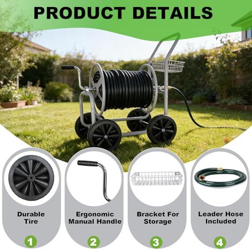 Hose Reel Cart, 300FT of 5/8’’ Hose, Heavy-Duty Water Hose Cart with 4 Wheels, Storage Basket, Portable Water Hose Organizer for Outside Yard, Outdoor Planting Tool (Sliver) - size: 300FT