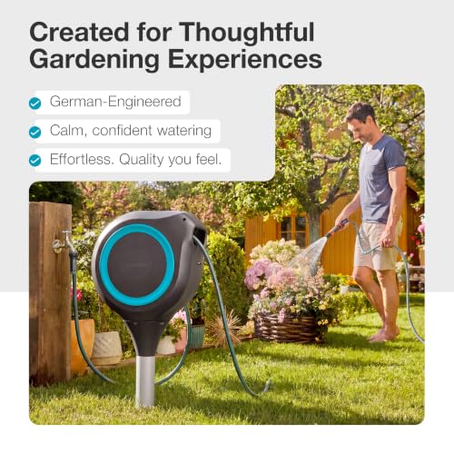 GARDENA Automatic Retractable Garden Hose Reel - 50 Feet - 360 Degree Swivel Outdoor Hose Reel with Metal Spike Base - Auto Retract - UV Resistant Housing - Easy Install No Tools Required - 18604 - size: 50 ft
