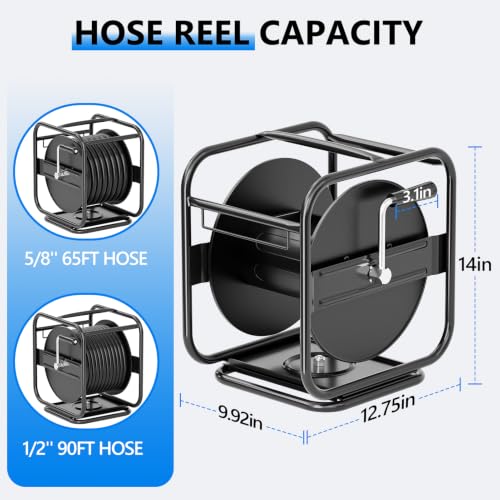 SPECILITE Metal Garden Hose Reel, 360° Rotation Frame, 65-90 FT, Black