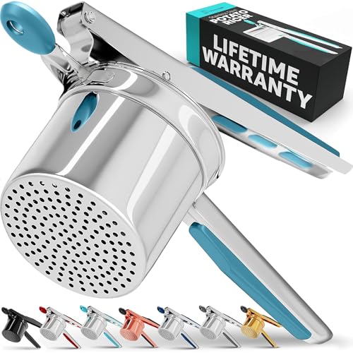 PriorityChef Large 15oz Potato Ricer, Heavy Duty Stainless Steel Potato Masher and Ricer Kitchen Tool, Press and Mash Kitchen Gadget For Perfect Mashed Potatoes - Everytime, Silver and Turquoise - color: Turquoise