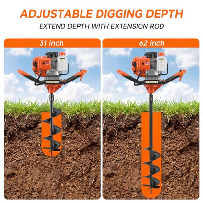 2026 Upgraded 63CC Gas Powered Post Hole Digger, 2000w 2-Stroke Earth Auger with 6" & 8" Bits - color: Orange