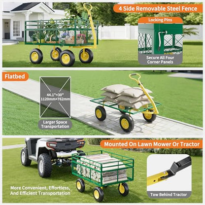 Heavy Duty Steel Garden Cart,with 10" Multi-Terrain Tires & 180° Swivel Handle, 4 Removable Mesh Sides,1400 lbs Capacity Utility Wagon for Lawn, Yard, Farm,Green Yellow - size: 1400 LBS Yellow