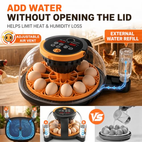 12-Egg Incubator for Hatching Chicken Eggs with WiFi Camera and Auto Turner