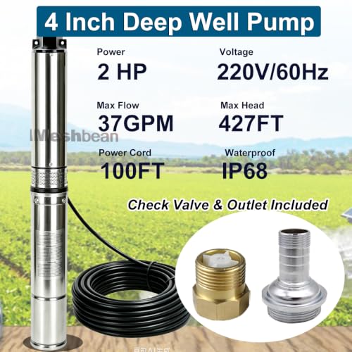 2HP Submersible Well Pump, 4" 220V Deep Well Pump with 100FT Power Cord,37GPM, 427FT Max Lift - size: 2HP-220V