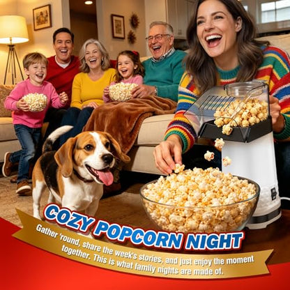 4.5 Quarts No Oil Electric Popcorn Machine with Measuring Cup + Melts Butter, Quick & Easy Hot Air Popcorn Popper Maker with On/Off Switch, Etl Certified, Air Popper for Movie Nights Parties(White)