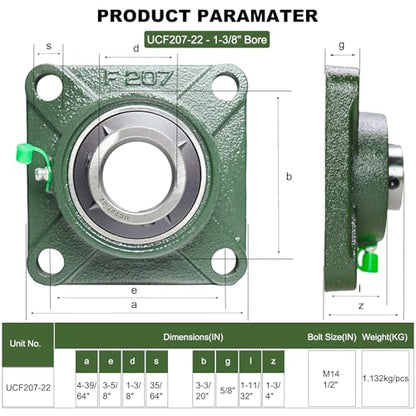 2 Pack UCF207-22 Pillow Block Bearing – Square Flange 4 Bolt Mounted Pillow Block Bearings – Bearing Steel Bearings with 1-3/8"" Bore, Self-aligning Bearings with Solid Cast Iron Base - style: UCF207-22
