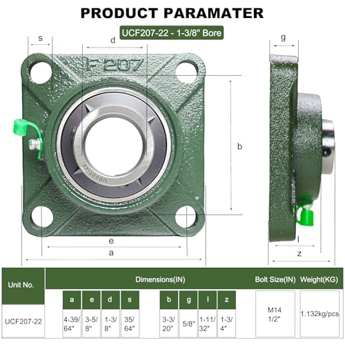 2 Pack UCF207-22 Pillow Block Bearing – Square Flange 4 Bolt Mounted Pillow Block Bearings – Bearing Steel Bearings with 1-3/8"" Bore, Self-aligning Bearings with Solid Cast Iron Base - style: UCF207-22
