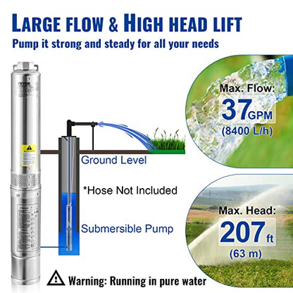 VEVOR Deep Well Submersible Pump 1 HP 230V/60Hz 37 GPM Flow 207 ft Head - style: 1HP/230V