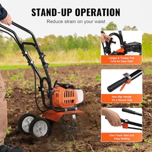 VEVOR Tiller Cultivator Gas Powered, 43CC 2-Stroke Garden Cultivator, Tiller with 4 Steel Adjustable Front Tines for Lawn, Garden and Field Soil Cultivation - size: 43CC,2-Stroke