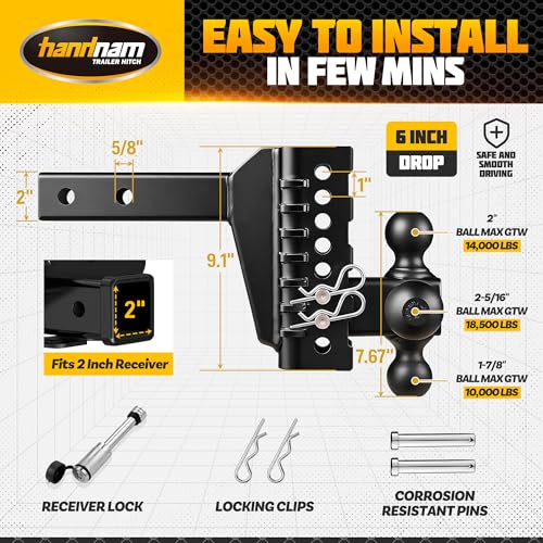 Drop Hitch Adjustable Trailer Hitch with 6" Drop/Rise, Fits 2" Receiver - size: 18500 LBS