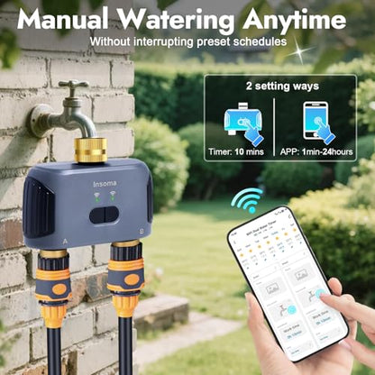 2 Zones WiFi Water Timer Brass Inlet and Outlet, Sprinkler Timer for Garden Hose, APP Remote Control WiFi Hose Timers with Gateway, Voice Control with Alexa, Rain Delay and Manual Mode for Watering - color: Black Grey