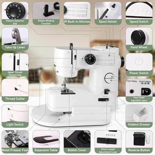 Twin Needle Sewing Machine, 39 Stitches, Portable Electric for Beginners