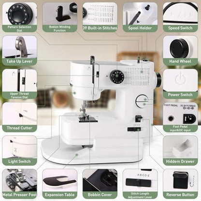 Twin Needle Sewing Machine, 39 Stitches, Portable Electric for Beginners