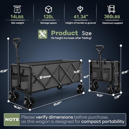 HIKEMOON 34'' Extra Long Folding Portable Wagon Cart, 120L 360LBS Grey - color: Gray