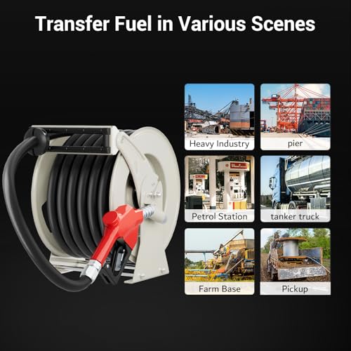 Fuel Hose Reel 1 Inch x 50ft - Heavy Duty Steel Construction, 300 PSI, Spring Driven Auto Rewind, Retractable Diesel Hose Reel with Fueling Nozzle for Truck, Farm, Aircraft, Ship,Tank Trailer - size: 1 Inch