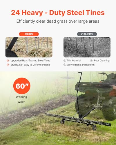 VEVOR Tow Behind Dethatcher, 60-inch Lawn Dethatcher Rake with 24 Steel Tines for ATV or Mower, Heavy Duty Q235 Steel Tow Behind Lawn Rake with Lift Handle for Farm Leaves, Pine Needles, and Grass - style: 60" Tow Behind Dethatcher