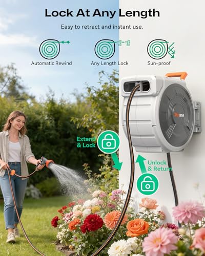 Retractable Garden Hose Reel 5/8"x100ft, 3-Ply Reinforced water hose reel, Any Length Lock, Heavy-Duty Rust Prevention Metal Mount, Brass Fitting, 9 Spray Nozzle for Lawn & Gardening - color: 100 Ft X 5/8inch