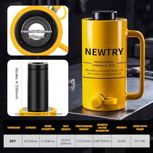 NEWTRY 20T Hydraulic Hollow Jack Cylinder, 4" Stroke Porta Power Ram