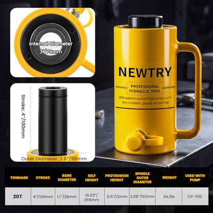 NEWTRY 20T Hydraulic Hollow Jack Cylinder, 4" Stroke Porta Power Ram