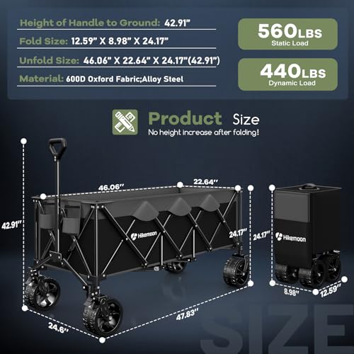 HIKEMOON 48'' Extra Large Collapsible Wagon, Big Wheels, 300L Grey & Black - color: Grey & Black