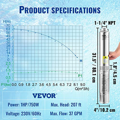 VEVOR Deep Well Submersible Pump 1 HP 230V/60Hz 37 GPM Flow 207 ft Head - style: 1HP/230V