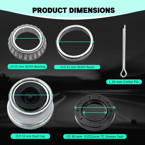 2 Sets Trailer Wheel Bearing Kit for 25mm Axles, 30205 Tapered Roller Bearings with TC 30x52x10mm Oil Seal, Quiet High Speed Durable Trailer Hub Repair Kit, Includes Dust Cover & Cotter Pin - color: 2Set-30205-Bearings