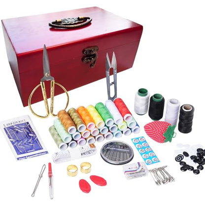 Wooden Sewing Kit Box, Wooden Sewing Box with Sew Kit Accessories - color: Retro Handle