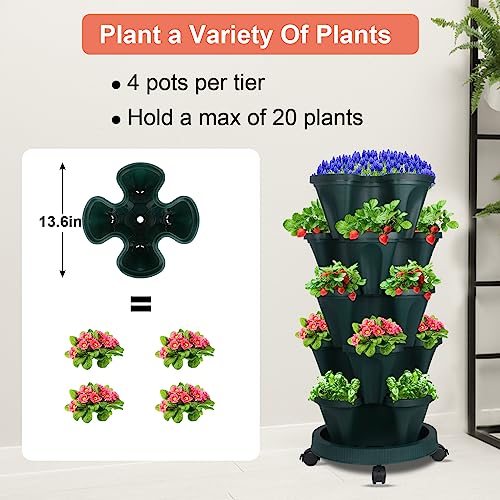 DUNCHATY Stackable Vertical Garden Planter with Wheels, 5 Tier Herb Planter Pots for Growing Vegetables and Succulents, Pine Green - color: Dark Green, size: 5Tier-1 Pack