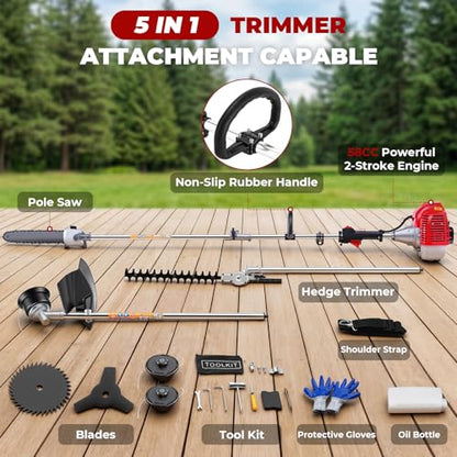 58CC 2-Cycle Gas Powered Weed Wacker, 5-in-1 Multi-Function String Trimmer - color: Red-1