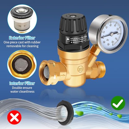 Boltigen RV Water Pressure Regulator with Gauge, Adjustable 3/4" GHT