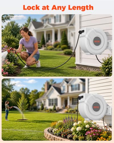 5/8 inch 100ft Retractable Garden Hose Reel with Any-Length Lock Slow Auto Rewind Heavy Duty Hose Reel With 9-Pattern Nozzle 180° Swivel Bracket UV Resistant Wall Mounted Hose Reel for Outside - size: 5/8 Inch 100ft