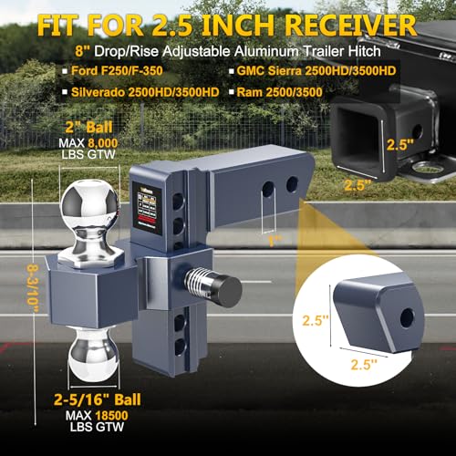 Adjustable Trailer Hitch, Drop Hitch for 2.5 Inch Receiver, 6 inch Aluminum Truck Hitch, 2 and 2-5/16 inch Balls, 18,500 LBS GTW,Bule Tow Hitches with Two Anti-Theft Locks