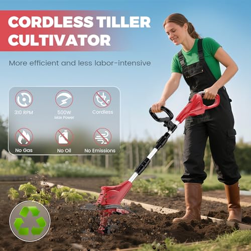 Battery Powered Tiller Compatible with Milwaukee 18V Battery(Tool Only), 310RPM Folding Electric Rototiller Features 40 Steel Tines, 9.1In Tilling Width & 6.3In Depth Tiller - color: Compatible with Milwaukee 18V Battery