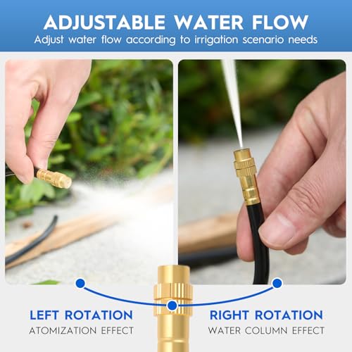 360° Automatic Drip Irrigation Kit - 5/16'' Tubing, Adjustable Universal Spray Nozzle, Copper Atomizing System for Garden/Lawn/Greenhouse - Multi-Directional Rotation, Quick Connectors, 65FT - size: 65FT
