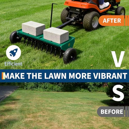 48" Tow Behind Lawn Plug Aerator with 30 Galvanised Steel Tines, Heavy Duty Pull Behind Plug Aerator with Universal Hitch, 3 in Spikes, Inflatable Wheels & Tray for Gardens, Lawns, Farms, Green - color: Green