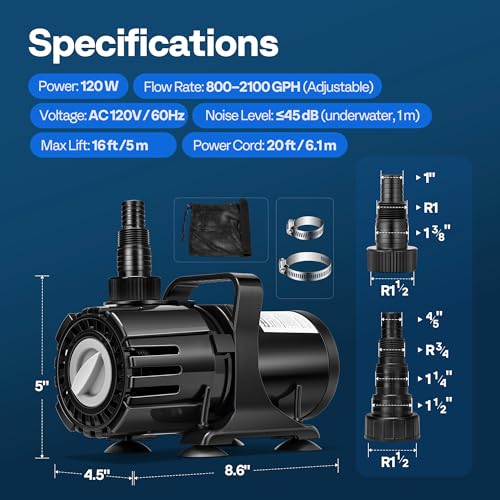 VIVOHOME 120W Pond Pump, 800-2100GPH Adjustable Flow Submersible Water Pump - size: 800-2100GPH
