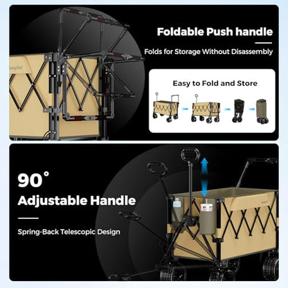 SUNNYFEEL 550LBS Collapsible Wagon Cart - Heavy Duty Push Pull Foldable Wagon with Dual Handles and Big Wheel,Utility Cart with Rear Tailgate for Camping, Fishing, Gardening, Shopping, Grey - color: Brown