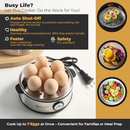 Annie & Mia Design Electric Egg Cooker, All Stainless Steel 7 Egg Capacity egg boiler, 360W, Hard, Medium, Soft Boiled Egg Poacher, egg steamer, Multi-function, Auto Shut-Off Function, BPA-free