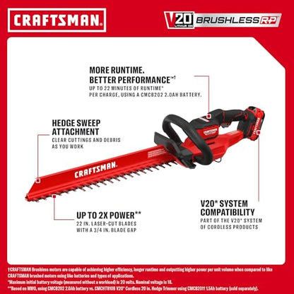CRAFTSMAN V20 22 in. Hedge Trimmer Cordless with 2Ah Battery and Charger, Lightweight Brushless RP Bush Trimmer with Hedge Sweep Attachment, Longer Runtime, Up to 2X More Power (CMCHT830D1) - style: NEW 20V Brushless Trimmer Kit