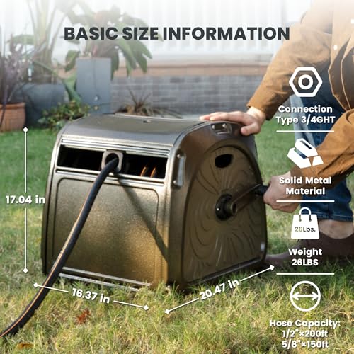 Giraffe Tools SW5 Metal Hose Reel Box, Heavy Duty Garden Hose Storage Reel Hideaway, Crank Handle, 100ft 5/8" Hose, Green - size: 100 FT Hose
