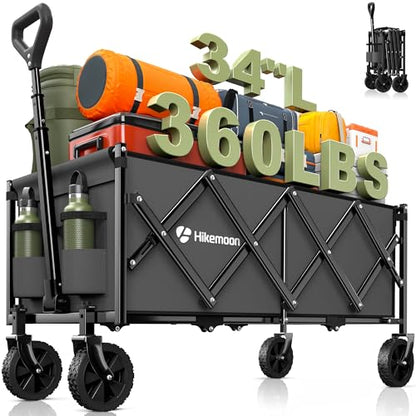 HIKEMOON 34'' Extra Long Folding Portable Wagon Cart, 120L 360LBS Grey - color: Gray