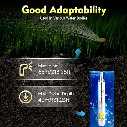 DYRABREST 24V DC Deep Well Submersible Pump 0.5HP 370W Stainless Steel Borehole Pump with 213ft Head 70.62ft³/h Flow Water Pump for Home Agricultural Irrigation