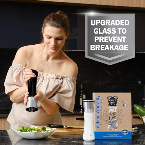 HOME EC Stainless Steel Salt and Pepper Grinder Set of 2 - Adjustable Ceramic Sea Salt Grinder & Pepper Grinder - Glass Salt and Pepper Shakers - Pepper Mill & Salt Mill W/Funnel - Black and White - color: Black/White Glass, size: 2pk