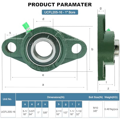 4 Pack UCFL205-16 Pillow Block Bearing, Flange Mount Ball Bearing Unit, 1 Inch Bore, 2-Bolt Flange, Self Aligning Cast Iron Housing, Set Screw Locking Style Flange Pillow Block Bearing - style: UCFL205-16