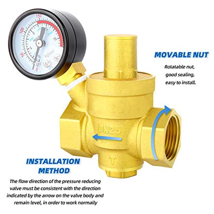 MEANLIN MEASURE 1 inch brass Water pressure regulating valve, pressure regulating valve, pressure reducing valve, DN25, with 0-220PSI pressure gauge - style: 1 inch