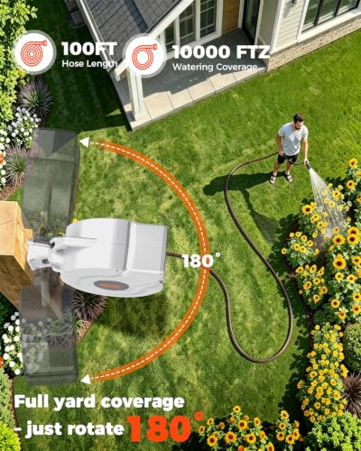 5/8 inch 100ft Retractable Garden Hose Reel with Any-Length Lock Slow Auto Rewind Heavy Duty Hose Reel With 9-Pattern Nozzle 180° Swivel Bracket UV Resistant Wall Mounted Hose Reel for Outside - size: 5/8 Inch 100ft